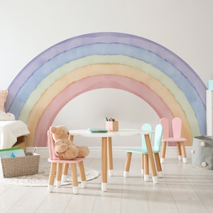 Calcomanía de pared de arcoíris para dormitorio, arte de pared de dormitorio con acuarela, decoración de guardería en tonos pastel, papel tapiz extraíble para habitación de niños, calcomanía de arcoíris para sala de juegos 15