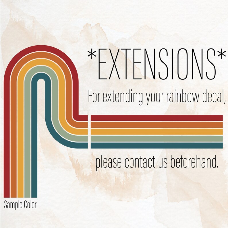 以下が含まれることがあります： 虹の弧とテキスト*EXTENSIONS*を含むグラフィックデザイン。レインボーデカールの延長については、事前にご連絡ください。