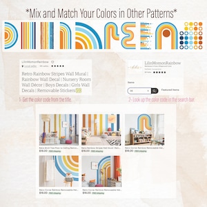 May include: A set of five rainbow-colored wall decals in different patterns, including stripes, arches, and circles. The decals are designed to be used in a nursery or children's room. The text on the image reads "Mix and Match Your Colors in Other Patterns".