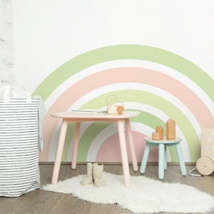 Könnte beinhalten: Ein Kinderzimmer mit einem pastellfarbenen Regenbogen-Wandbild. Ein rosa Tisch und ein hellblauer Hocker halten Holzspielzeug. Eine gestreifte Aufbewahrungstasche und ein Holzspielzeugwagen sind ebenfalls vorhanden. Der Raum hat eine weiße Backsteinmauer und einen Kunstfellteppich.