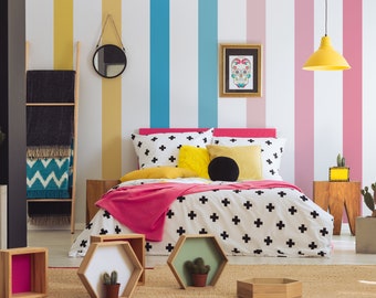 Rayas de pared de dormitorio para niños, Cuarto de juegos de calcomanía de pared extraíble, Pegatinas de pared de rayas, Decoración de dormitorio compartido, Decoración de pared de habitación para niños pequeños, Mural 02