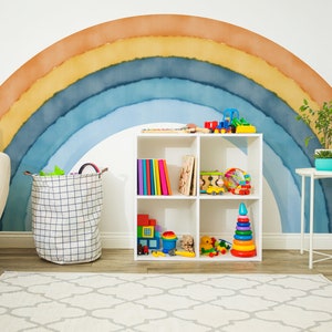 Achter wieg muur sticker, aquarel regenboog kamer kunst, kleurrijke kunst aan de muur, boho muursticker, speelkamer aarde muurschildering, regenboog behang 14