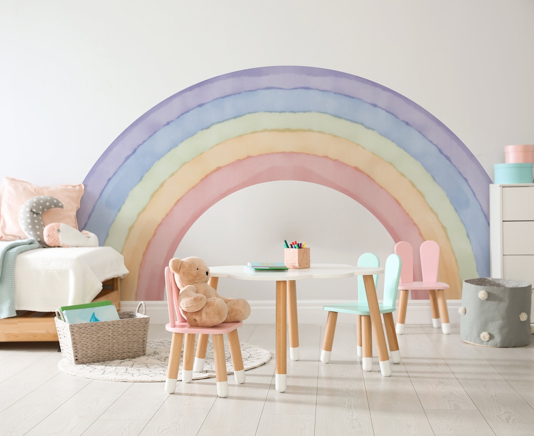 Bedroom Rainbow Wall Decal, Watercolor Bedroom Wall Art, Pastel Nursery ...