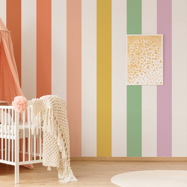 Kids Bedroom Wallpaper, Removable Wall Decal, Playroom Stripes Wall Stickers, Shared Bedroom Decor, Pastel Mural, Toddler Room Wall Decor 63