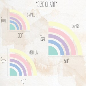 May include: Size chart for rainbow wall decals. The chart shows three sizes: small (30 inches), medium (40 inches), and large (50 inches). Each size is represented by a rainbow arc with five colors: yellow, pink, purple, blue, and green.