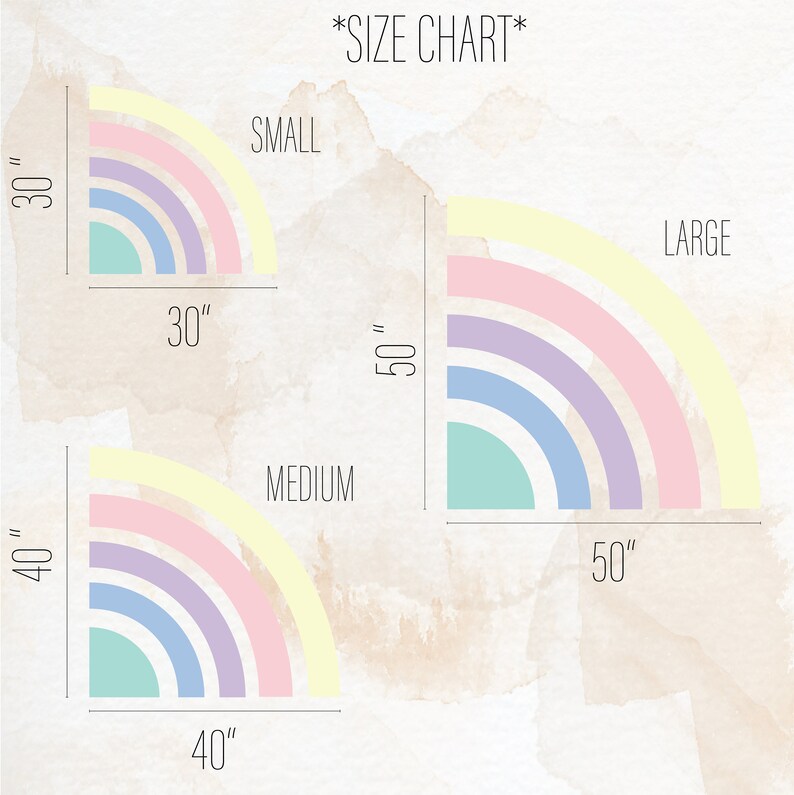 May include: Size chart for rainbow wall decals. The chart shows three sizes: small (30 inches), medium (40 inches), and large (50 inches). Each size is represented by a rainbow arc with five colors: yellow, pink, purple, blue, and green.