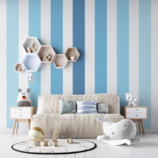 Large Rainbow Stripes Wall Decal, Blue Rainbow Sticker, Boys Rainbow Stripes, Nursery Wall Sticker, Bedroom Decor, Rainbow Wall Mural 06