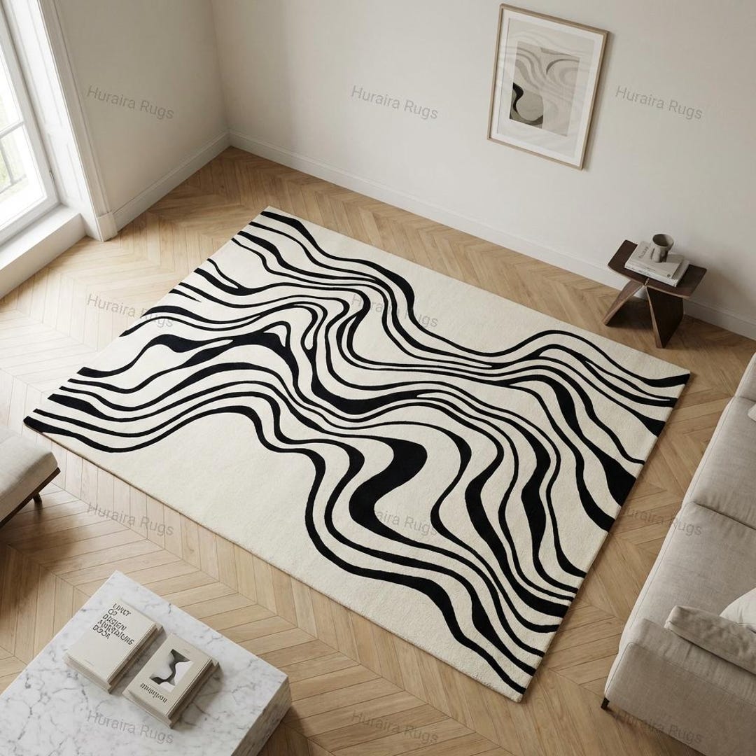 Hand Tufted Rug Black White 8x10: Modern Wavy Line Contemporary Area ...
