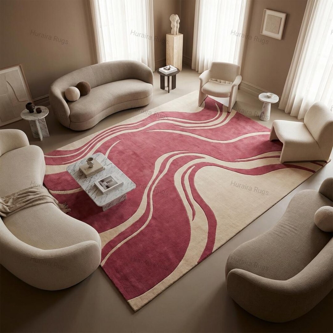Pink Hallway Rug Patterns Pink Area Rug, Hand Tufted Wool 8x10, Modern Wavy Pattern Carpet - Etsy