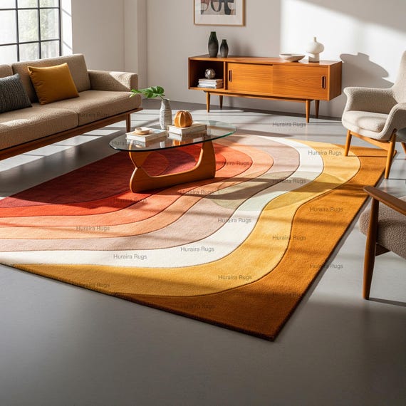 8x10 Wool Mid Century Rug, Hand Tufted, Geometric Retro Wave Carpet