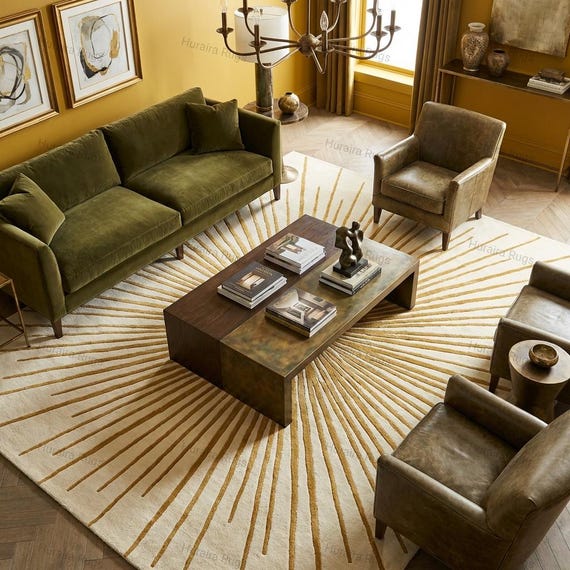 Hand Tufted living room rug: Cream Gold 8x10 Wool Geometric Sunburst Carpet