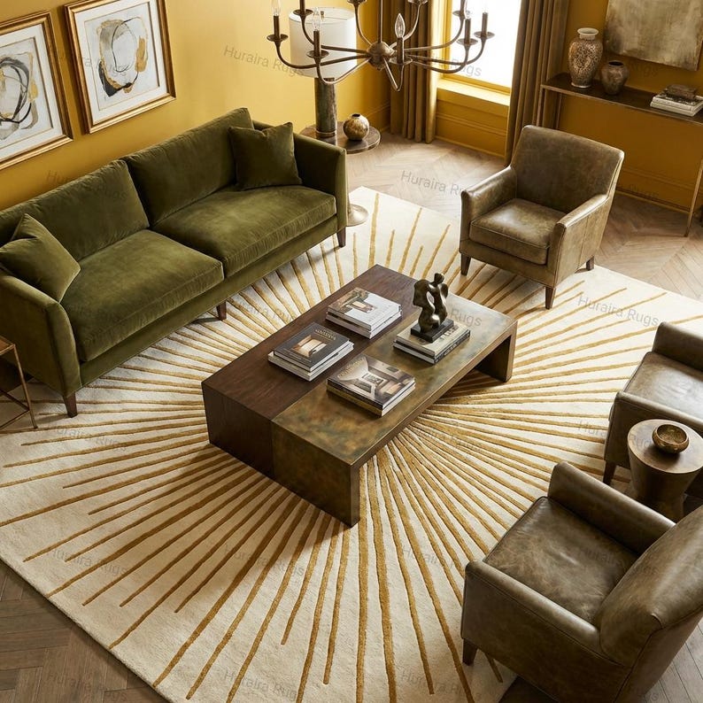 Hand tufted sunburst area rug in cream and gold featuring a modern abstract radial pattern. Plush medium pile wool rug styled in a contemporary living room with green velvet seating, wooden flooring, and neutral décor, creating a warm, elegant, and visually balanced interior atmosphere.