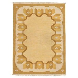 Handwoven Wool Rug: Mustard Yellow Geometric 6x9ft Flatweave Dhurrie