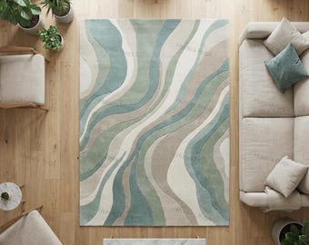 Hand Tufted Rug: Green Blue Wave Modern 8x10 Contemporary Living Room Carpet