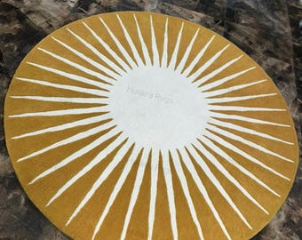 Round Sunburst Rug, Mustard Yellow Tufted Wool Design, Handmade Geometric Home Accent