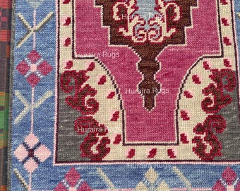 Oushak Runner Wool Rug: Pink Blue Hand Knotted Turkish Hallway Carpet