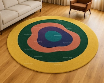 Hand Tufted Rug Wool Round Yellow 7x7 Modern Abstract Concentric Design