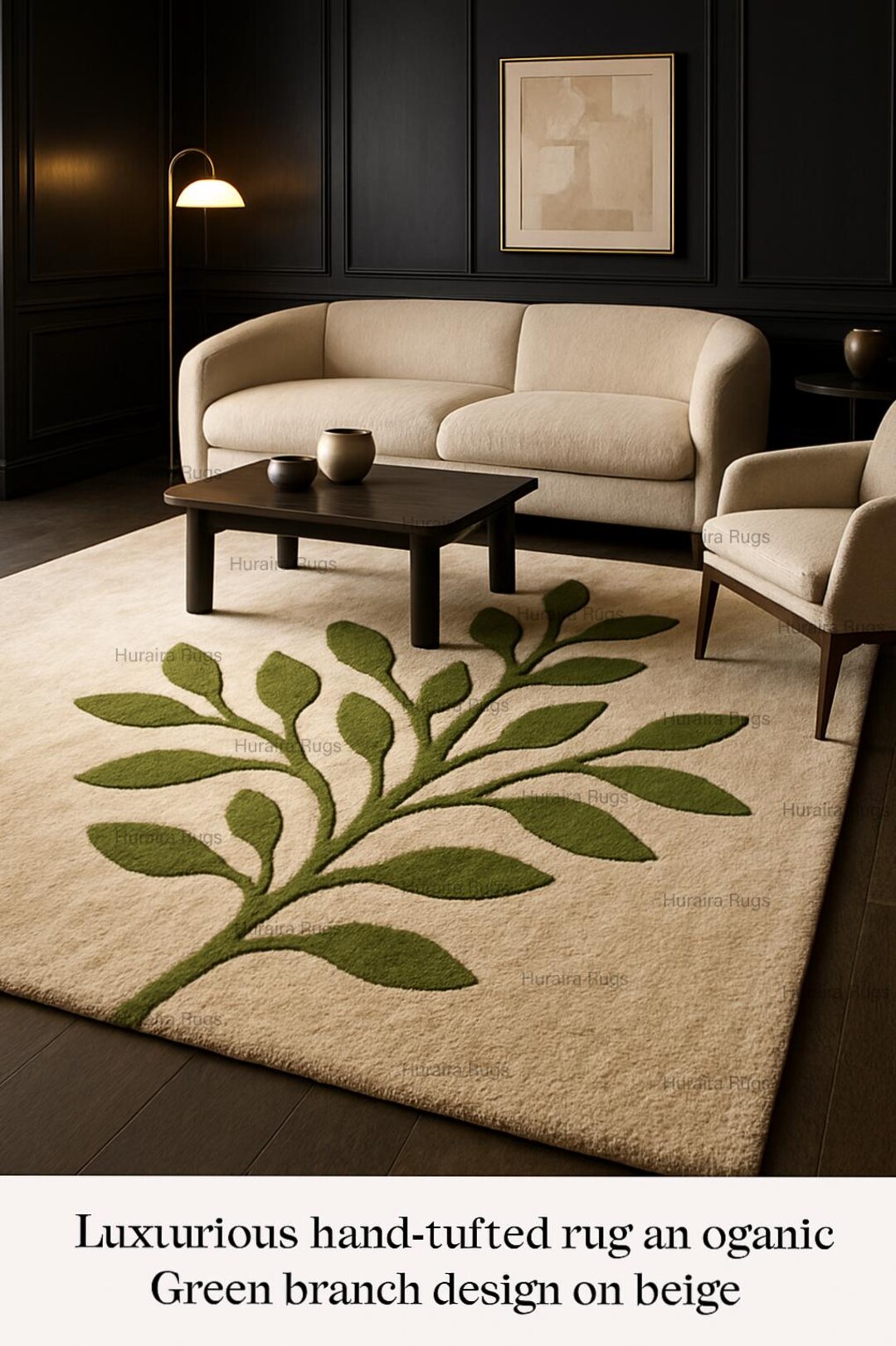 8x9 Rug Living Room Rug Wool 8x9 Ft: Green Beige Hand-tufted Abstract Leaf ...