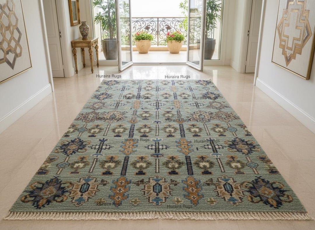 Oushak Rug 10x14: Hand Knotted Soft Green Blue Turkish Wool Carpet - Etsy