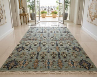 Oushak Rug 10x14: Hand Knotted Soft Green Blue Turkish Wool Carpet