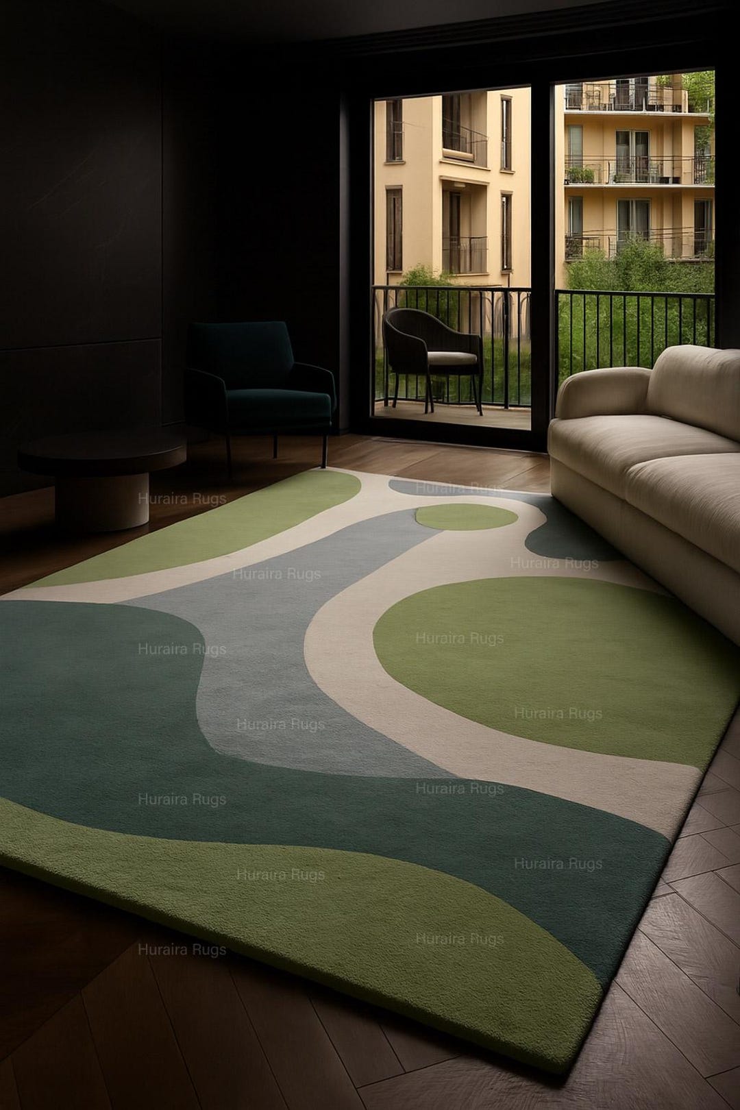 Hand Tufted Wool Living Room Rug: Modern Green Wavy 8x10 Abstract ...