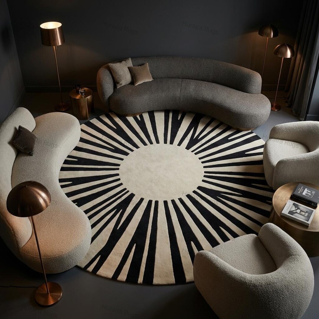 Handmade Wool Rug: Round 8x8 Sunburst Pattern, Black Beige Modern Area ...