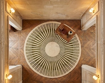 Round Wool Rug Green Beige: Hand Tufted Sunburst 8ft Area Carpet
