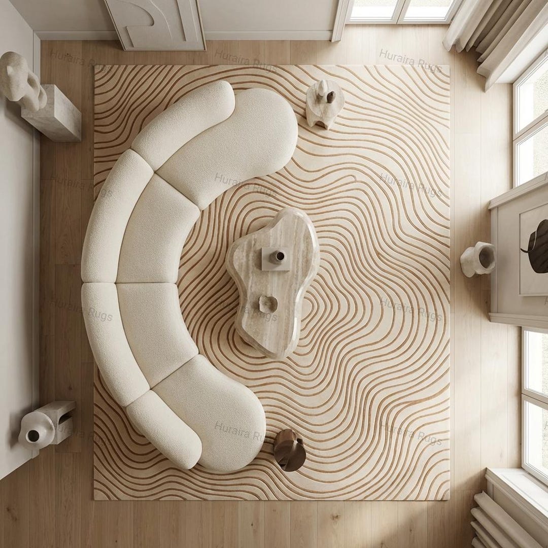 Hand Tufted Living Room Rug Beige Organic Wavy Pattern Modern 9x12 ...