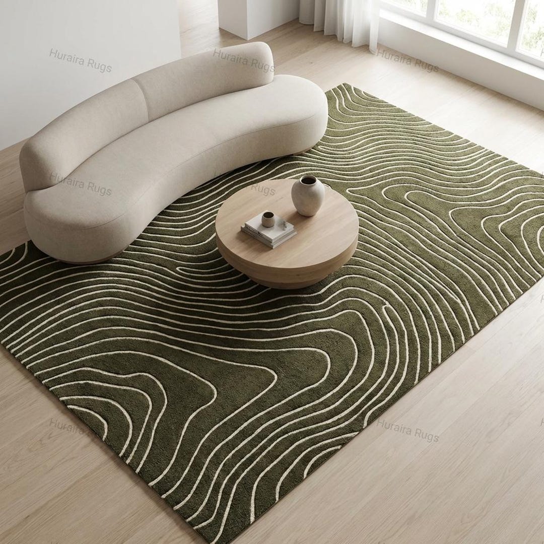 Hand Tufted Rug Olive Green Wool 8x10: Contemporary Contour Line Modern ...