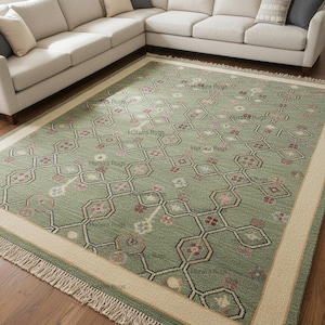 Oushak Rug 9x12 Wool: Green Hand Knotted Tribal Geometric Carpet