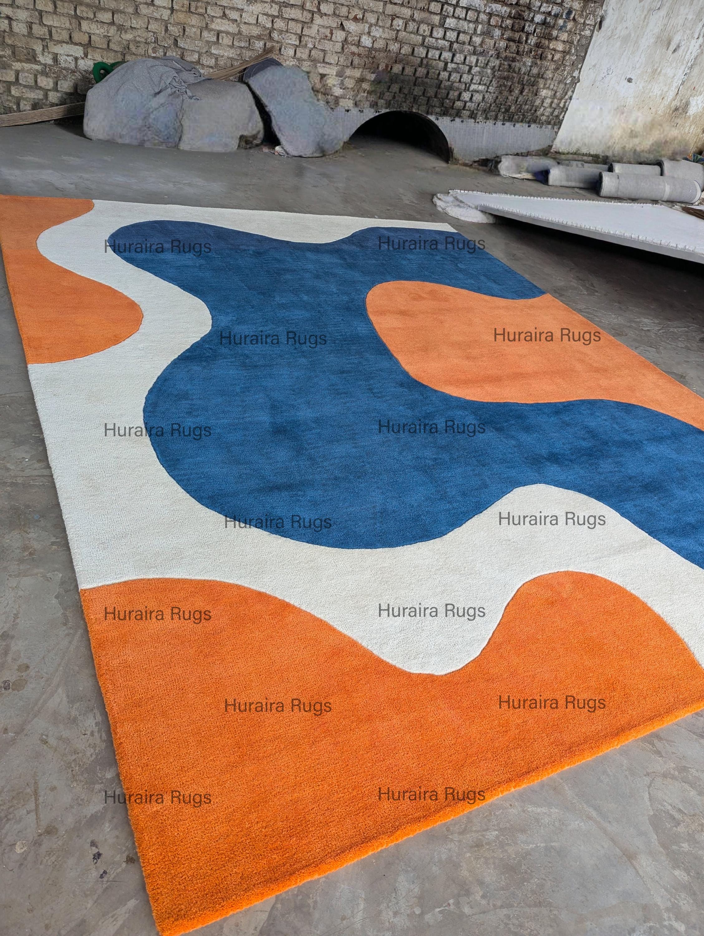 Modern Abstract 8x10 Rug: Hand Tufted Blue Orange Beige Wool Carpet - Etsy