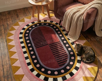 Geometric Wool Rug Oval: Burgundy Pink Mustard Hand-Tufted Contemporary Carpet