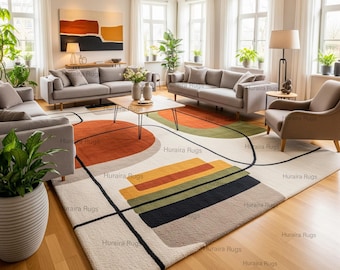 Hand Tufted Rug Wool 10x14: Modern Geometric Abstract Large Carpet