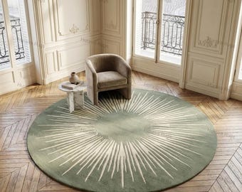 Round Green Sunburst Rug, Tufted Wool, Modern Olive Round Area Rug