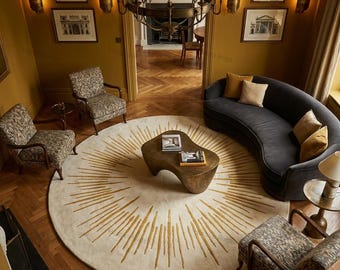 Hand Tufted Rug Beige Gold Abstract Sunburst, Round Area Rug 8x8 Wool