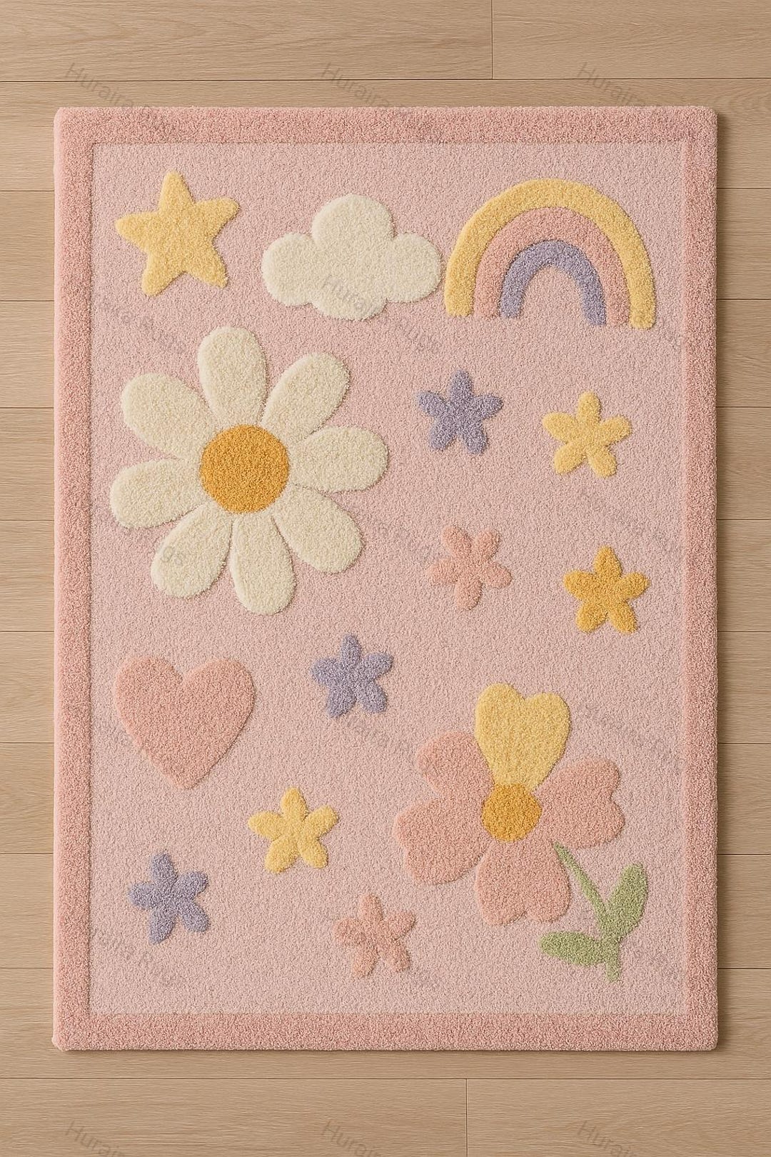 Hand Tufted Kids Room Rug: Pastel Pink Daisy Floral, Soft Rainbow Play ...
