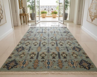 10x14 Oushak Rug, hand knotted wool, soft green, geometric living room rug