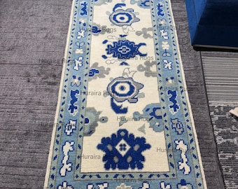 Blue Ivory Oushak Runner Rug, Hand Knotted Turkish Wool for Narrow Hallways, Traditional Cottage Style Decor