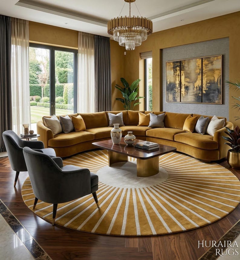 Gold Sunburst Rug, 8x8 Round Tufted Wool Floor Covering, Modern Living ...