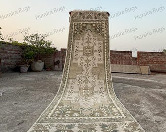 Oushak Runner Rug 3x10: Hand Knotted Turkish Wool, Neutral Vintage Style