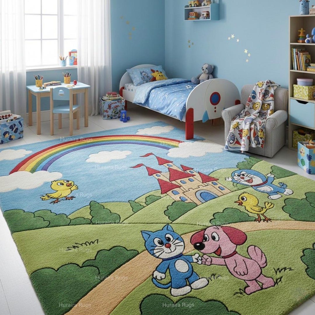 Kids Play Rug Fantasy Hand Tufted Kids Cartoon Rug 8x10: Rainbow Castle Geometric Playroom ...