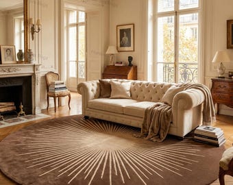 8 Ft Round Wool Sunburst Rug, Brown Beige 8x8 Circle