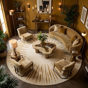 May include: A luxurious living room with a gold and beige color scheme. Features include a curved sofa, armchairs, a coffee table, and a round rug with a sunburst design. Decorative lamps and a chandelier provide ambient lighting.