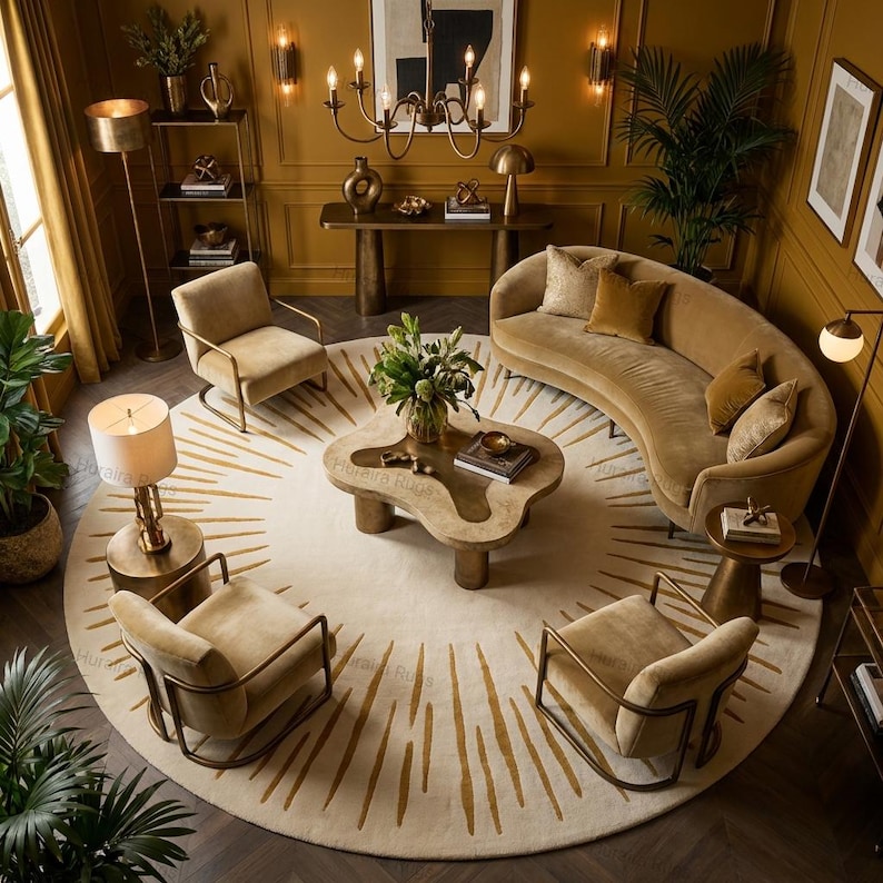Hand tufted round beige and gold wool rug featuring a modern abstract sunburst pattern. The luxury area rug showcases a soft neutral base with golden linear accents, styled in a contemporary living room setting, perfect for elegant interiors, modern décor, and upscale indoor spaces.