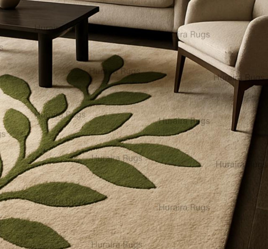 8x9 Rug Living Room Rug Wool 8x9 Ft: Green Beige Hand-tufted Abstract Leaf ...