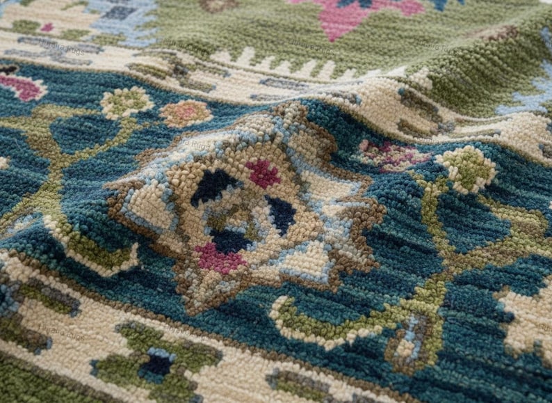 May include: Close-up of a detailed area rug with a floral pattern. The rug features a teal, green, and beige color palette with accents of pink and blue. The texture appears soft and plush.
