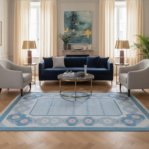 Blue Dhurrie Rug Wool Flatweave: Geometric Floral Scandinavian Rug
