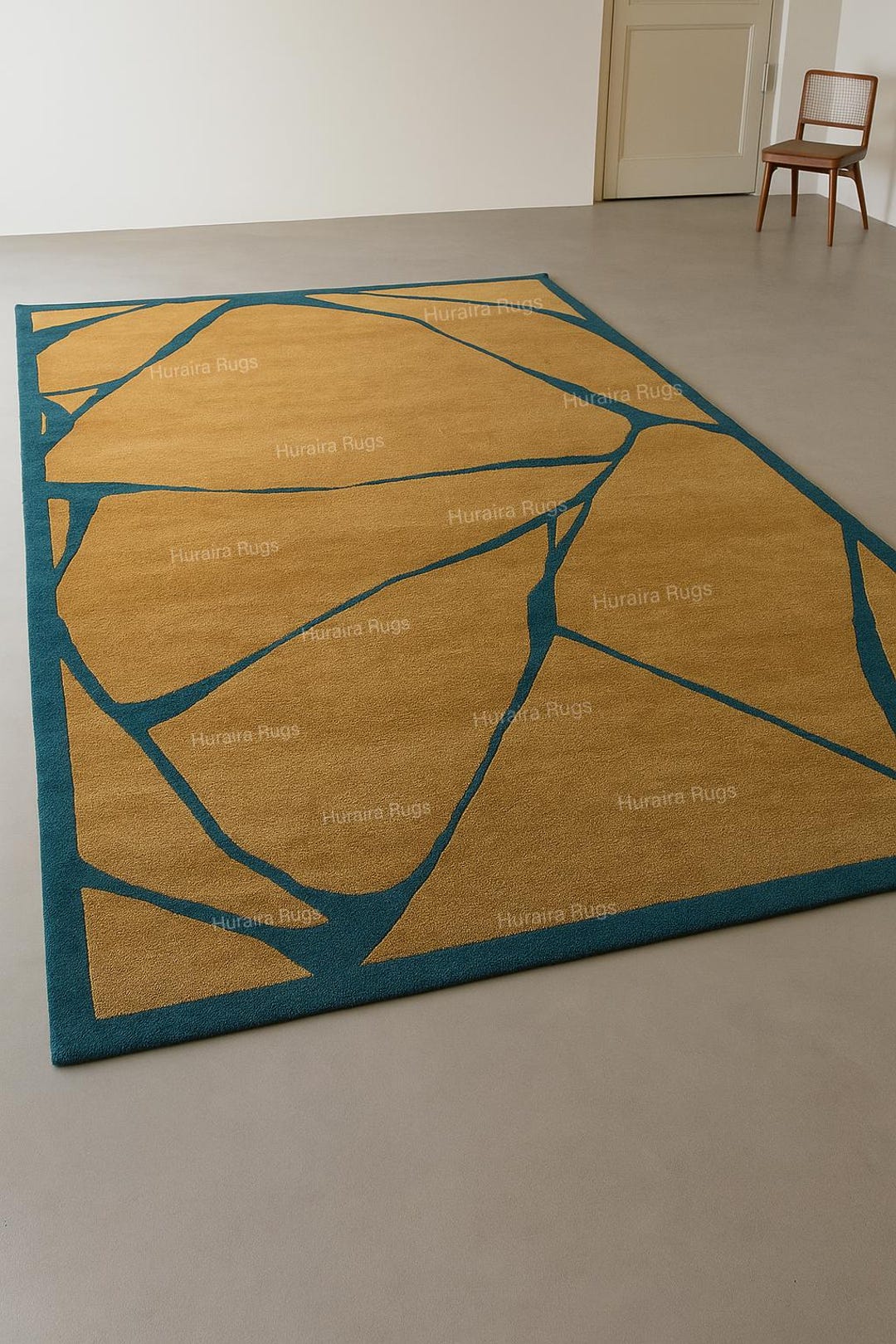 Abstract Rug Gold Blue Hand-tufted Contemporary Geometric Area Carpet ...
