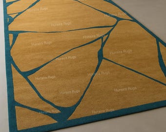 Abstract Rug Gold Blue Hand-Tufted Contemporary Geometric Area Carpet