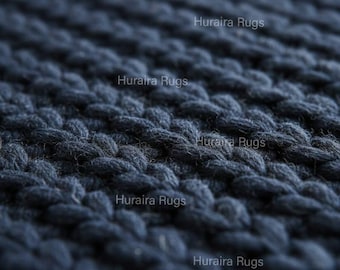 Chunky Knit Rug Navy Blue Wool: Hand Woven Boho Scandinavian Decor
